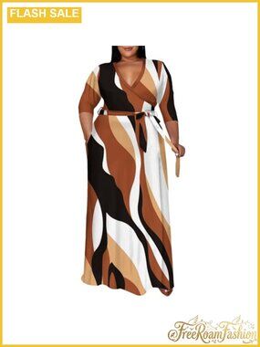 Plus Size Maxi Dress 3/4 Sleeve V-Neck Floral Flowy Belted Casual